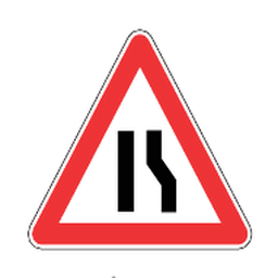 Road narrows from the right — Saudi road sign